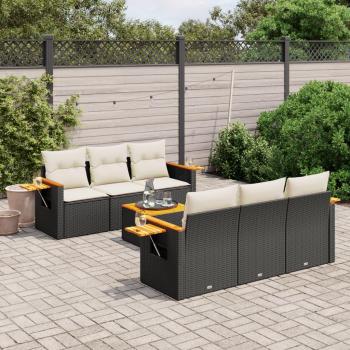7-Piece Black Poly Rattan Garden Sofa Set with Cushions