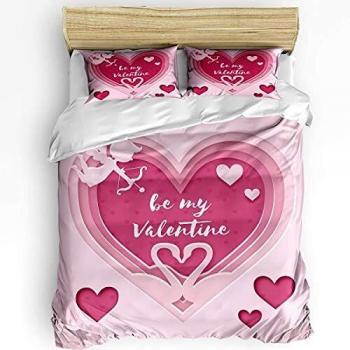 Juego de funda de edredón moderno súper suave de 3 piezas con cierre de cremallera y lazos en las esquinas Be My Valentine Juego de cama de corazón en ángulo de Cupido lindo con 1 funda de edredón y 2