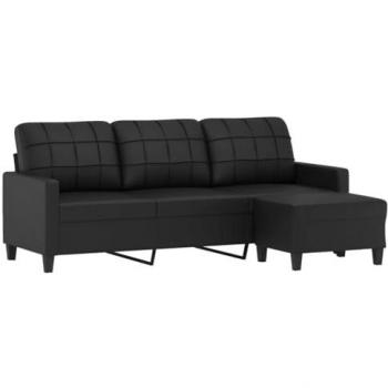 Sofá de 3 plazas con taburete de cuero sintético negro 180 cm