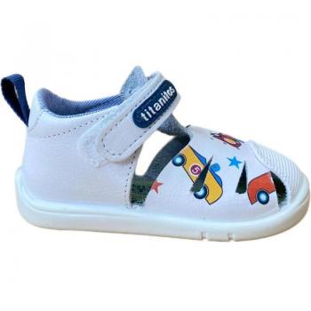 Sandalias respetuosas Titanitos B 500 SANCARS de piel lavable para niño en color blanco