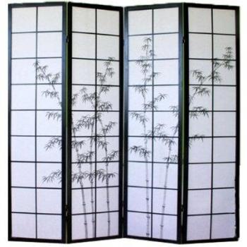 Biombo japonés de madera negro con dibujo de bambú de 4 paneles