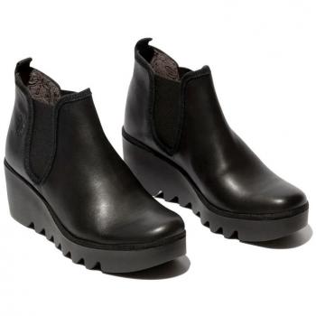Fly London Byne Women's Black Leather Chelsea Ankle Boots with Rubber Wedge