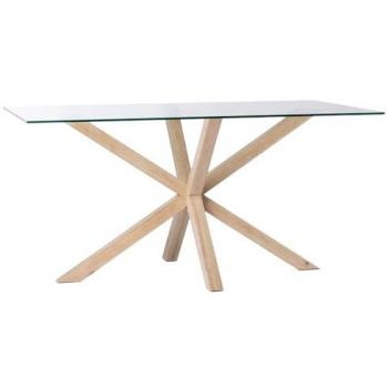 Mesa de Comedor Rectangular Fija de Cristal Transparente 160x74 cm con Base de Madera de Abedul