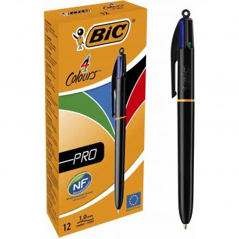 BiC - Bolígrafo de 4 colores retráctil con punta de 1mm y trazo fino de 0.4mm, tinta a base de aceite, cuerpo negro (paquete de 12 unidades)