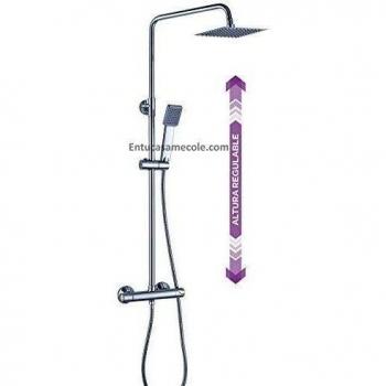 Columna de ducha MOL con grifo termostático y tubo redondo extensible de 80 a 120 cm. Rociador y ducha de mano cuadrados, acabados cromados. Repuestos originales