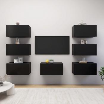 Juego de muebles de salón 7 piezas, Mueble TV, Mueble para salón, Mesa de TV, Aglomerado negro, Dimensiones: 30.5x30x60 cm