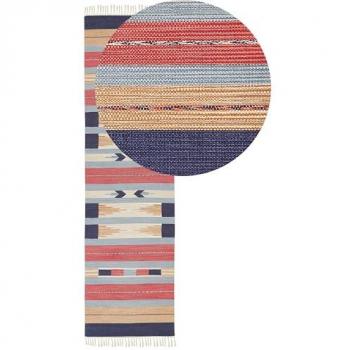 Alfombra Kilim Runner Multicolor de Algodón 80 x 300 cm Tejida a Mano Reversible con Motivos Geométricos y Flecos Tradicionales