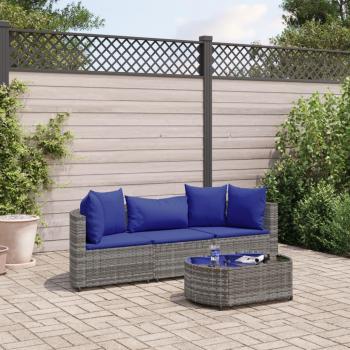 Set de sofás de jardín 4 piezas con cojines de Polyrattan gris