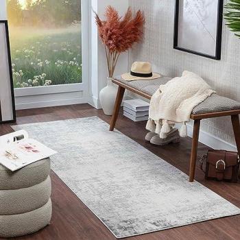 Alfombra de Pasillo Moderna Abstracta Utrecht, Diseño de Mármol, 80x220 cm, Pelo Corto, Blanco y Gris