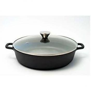 Olla de cocción lenta baja de aluminio fundido 36 cm, 6.5 litros, con tapa de vidrio y revestimiento antiadherente