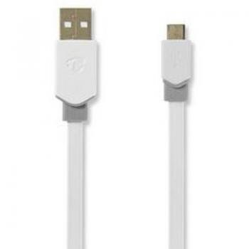 Cable USB 2.0 1m A Macho - Micro B Macho Blanco Vergoldado 480 Mbps Plano PVC con Ventana