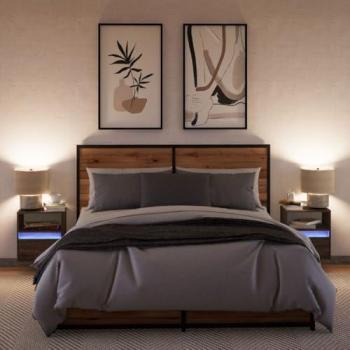 Mesitas de noche de pared con luces LED 2 unidades roble marrón