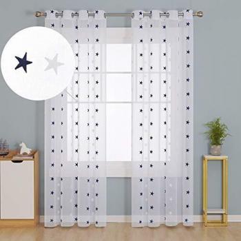 Doconovo Cortinas Transparente con Ojetes para Dormitorio 140 x 245 cm 2 Piezas Azul Marino Estrellas y Blanco