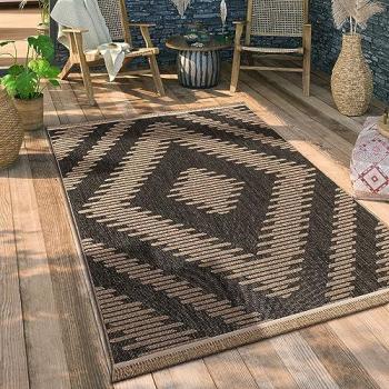 Alfombra Exterior Terraza Etnica Geo Lavable 3D, tamaño: 240x340 cm, color: Antracita 2, motivo Boho Chic, diseño floral y dibujo geométrico