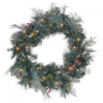 Corona de Navidad con piñas sintéticas y bayas para puerta con luces LED 60 cm verde Elbrus