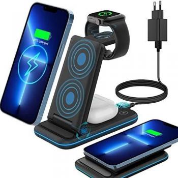 CAVN Cargador inalámbrico Plegable, 15W 3 en 1 Cargador inalambrico Compatible con iPhone 13/12/11/13 Pro/13 Mini/XR/X/8, Qi Cargador Inalambrico Portatil Rapida Compatible con apple watch 7/6/5/4/3/2