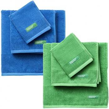 Pack de 2 Sets de 3 Toallas de Baño Benetton en Color Azul y Verde