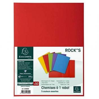 Subcarpetas rígidas Exacompta Rock's 210 g/m² con 1 solapa, paquete de 50 unidades, colores vivos, dimensiones 24x32 cm