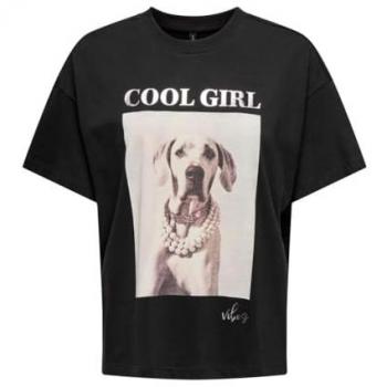 Camiseta Only Queen Negra con Estampado de Perro para Mujer, Manga Corta