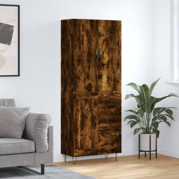 Aparador alto de madera contrachapada roble ahumado 69,5x34x180 cm con 1 puerta de madera y 3 cajones, mueble de almacenaje moderno para salón