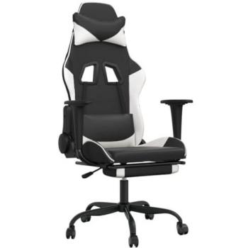 Silla Gaming Masaje y Reposapiés Cuero Sintético Negro Blanco Ergonómica Reclinable Ajustable