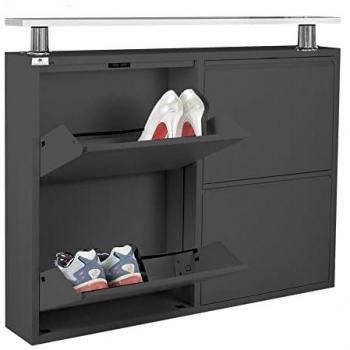 Zapatero Slim Horizontal de 4 Puertas Negro con Estante Útil para 8-12 Pares de Zapatos, Metal, Montado, Garantía de 15 Años