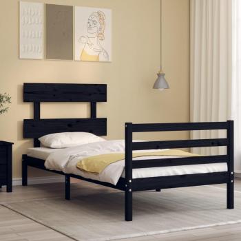 Cama con cabecero negro de madera maciza 90x200 cm