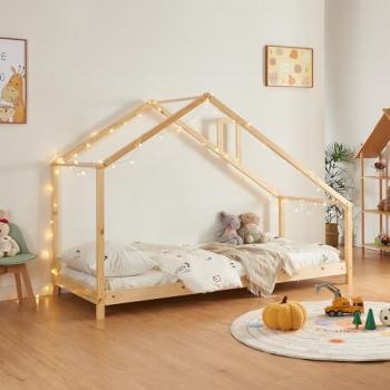 Cama Infantil Siuntio con Techo Inclinado de Madera de Pino 90x200 cm - Natural
