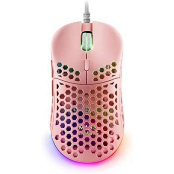 MOUSE MARS GAMING MM55P DISEÑO HIVE PINK 12800dpi A825PRO SWITCH HUANO SUPERFICIE PERFORADA ILUMINACION RGB CHROMA PESO 55g CABLE PARACORD