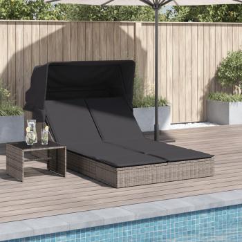Tumbona doble con capota y cojines de ratán sintético en color negro, marrón y gris para exterior, ideal para jardín, playa, piscina y terraza