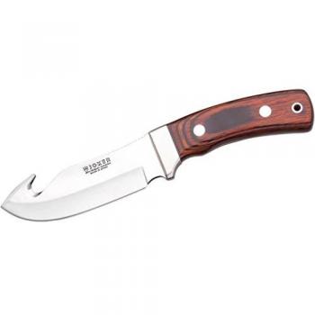 Cuchillo Desollador Joker OSO D CR55 con Hoja de 12 cm MOVA, Mango Stamina, Funda de Cuero Marrón y Lomo Dentado para Pesca, Caza, Camping y Senderismo