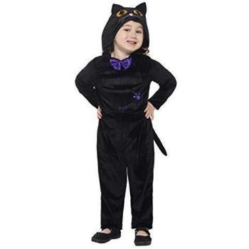 Smiffys-21497T1 Disfraz de Gato para bebés, con Mono con Capucha y Ojos en 3D, Color Negro, Pequeño-Edad 1-2 años