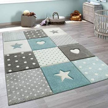 Alfombra Infantil Redonda 3D a Cuadros con Corazones y Estrellas en Colores Pastel Ø 120 cm - Paco Home