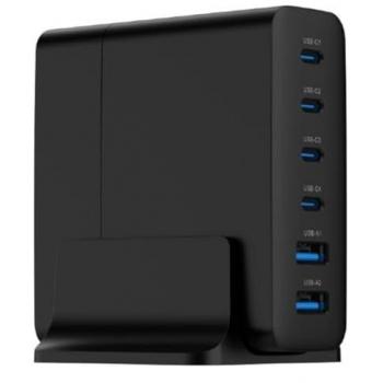 Cargador Rápido Universal Gembird GaN de 75W con 2 Puertos USB-A y 4 Puertos USB-C, Negro