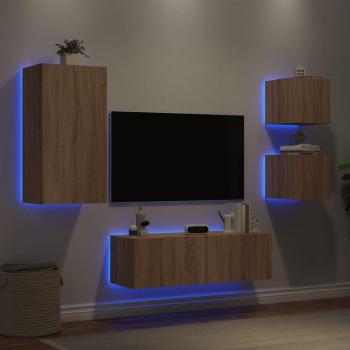 Mueble de TV de pared con luces LED 4 piezas roble Sonoma