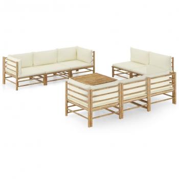 vidaXL Set de muebles de jardín 9 piezas bambú y cojines blanco crema