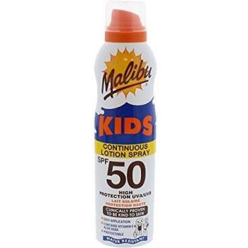 Malibu Kids Spray Solar Continuo SPF 50 - 175 ml, Alta Protección, Resistente al Agua
