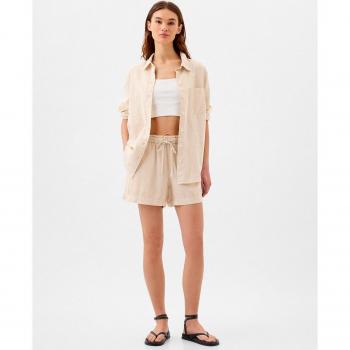 Short de lino para mujer con cintura elástica en color caqui arena, talla XL
