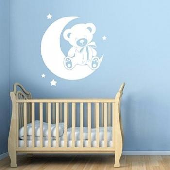 Osito de peluche en la luna con estrellas - adhesivo decorativo para pared - arte pegatinas de vinilo, fácil de aplicar, sin aplicador, fácil de despegar - 