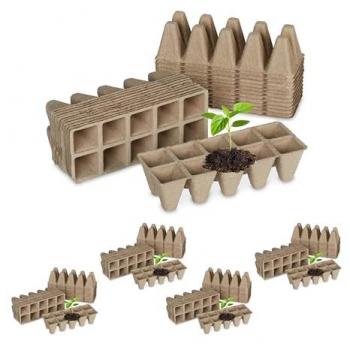 Set de 120 Semilleros Biodegradables para 1200 Plántulas, Bandeja Cuadrada de Papel Natural (5,5x22x8,5cm)