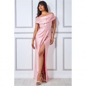 Goddiva Cowl Neck Bardot Satin Maxi Front Split - Blush