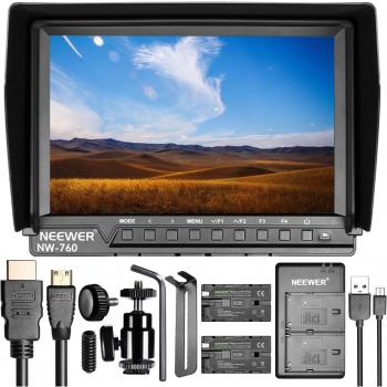 Neewer NW-760 Monitor de Campo Ultra-Delgado 7 Pulgadas de Pantalla IPS 1080P Full HD 1920x1200 Soporte 4k de Entrada HDMI con 2 Piezas Sony NP-F550/570/530 Baterías de Reemplazo y Cargador de Batería