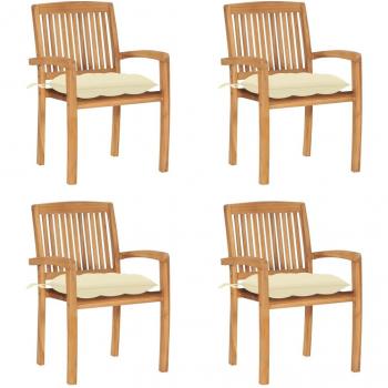 Stackable Garden Chairs with Cushions - Set of 4 Solid Teak Wood