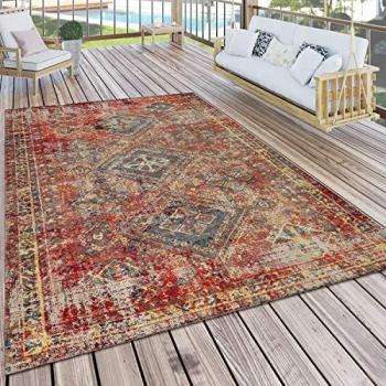 Alfombra de interior y exterior de diseño de diamante multicolor, Alfombra de Exterior, Terraza, Roja, Balcón Diseño Oriental, Robusto Resistente a la intemperie ø 200 cm redondo