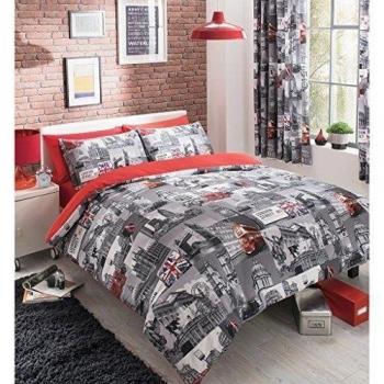 Just Contempo Juego de Funda nórdica y Funda de Almohada, diseño de Londres Vintage, Color Gris y Rojo, Mezcla de algodón, Gris y Rojo, Matrimonio
