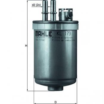 Filtro de combustible MAHLE KL 173 con características de alta eficiencia en la filtración, diseño compacto, fácil instalación y compatible con múltiples marcas de vehículos