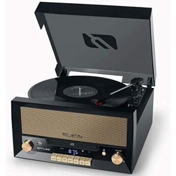 Muse MT-110 B - Micro Sistema CD y radio con Giradiscos Muse tres velocidades, bluetooth, USB y lector de tarjetas SD, caja madera, negro