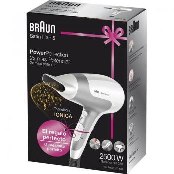 Braun Satin Hair 5 PowerPerfection HD580 Secador de Pelo Iónico, 2500W, Plata y Blanco