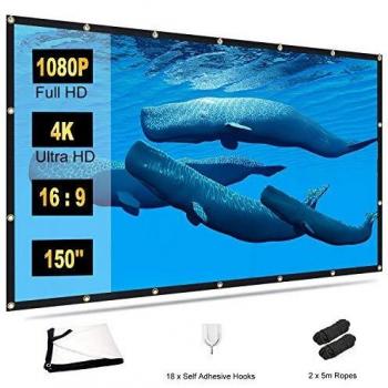 TOWOND Pantalla Proyector 150 Pulgadas 16:9 HD Support 4K Pantalla de Proyección Plegable Antiarrugas Portátil para Cine en casa Soporte para Exteriores en Interiores Pantalla de Doble Cara