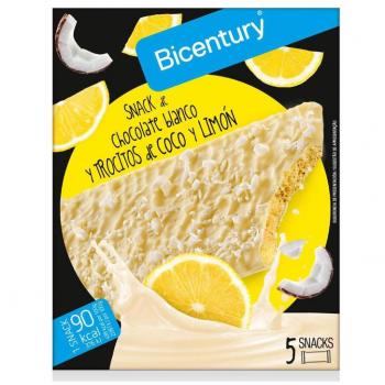 Barrita de chocolate blanco y coco Bicentury - 90g, snack sabor chocolate blanco con trozos de coco-limón (5 unidades)